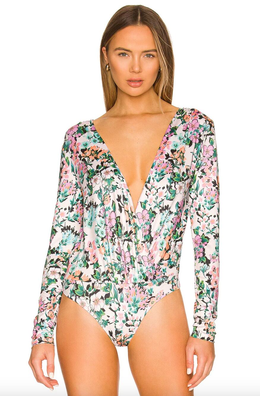 BCBGeneration Surplice Bodysuit Top Floral Plunge Blouson Long Sleeve L Large
